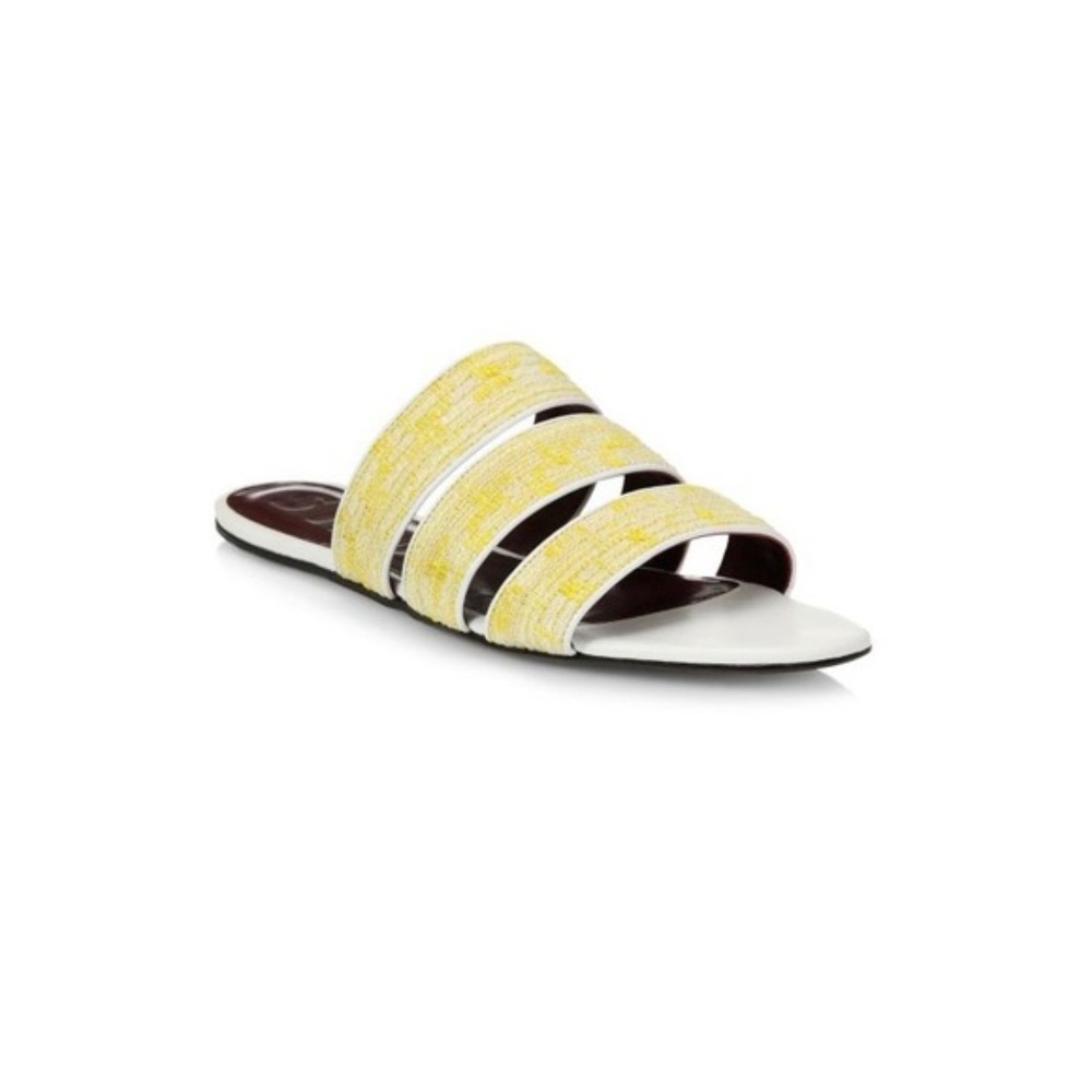 HH STAUD Yellow Tweed Triple Strap Slide Sandal White Leather Trim Flat Slide 38